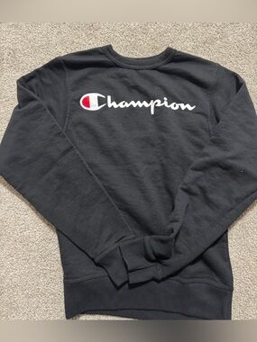 Champion Black Crewneck with White Script and Red Logo Accent